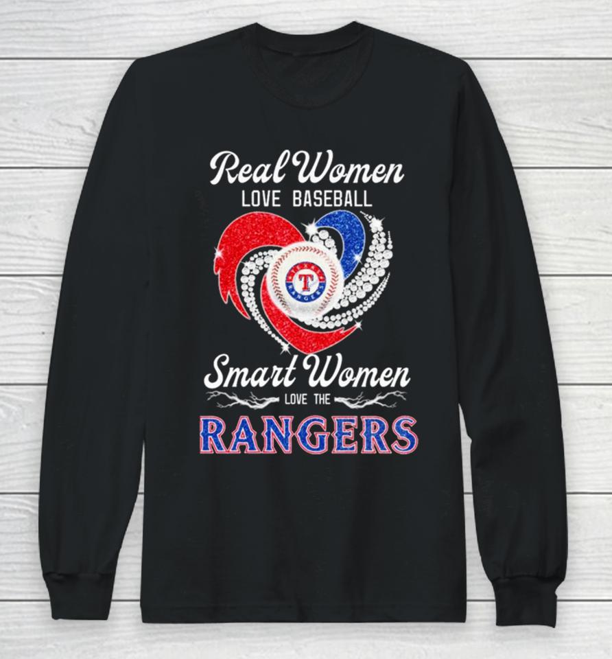 Texas Rangers Real Women Love Baseball Smart Women Love The Ranges Heart Diamond Long Sleeve T-Shirt