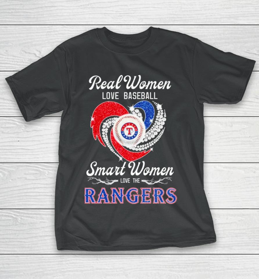 Texas Rangers Real Women Love Baseball Smart Women Love The Ranges Heart Diamond T-Shirt