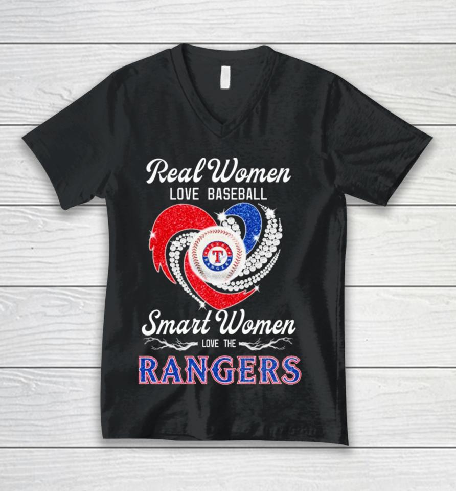 Texas Rangers Real Women Love Baseball Smart Women Love The Ranges Heart Diamond Unisex V-Neck T-Shirt