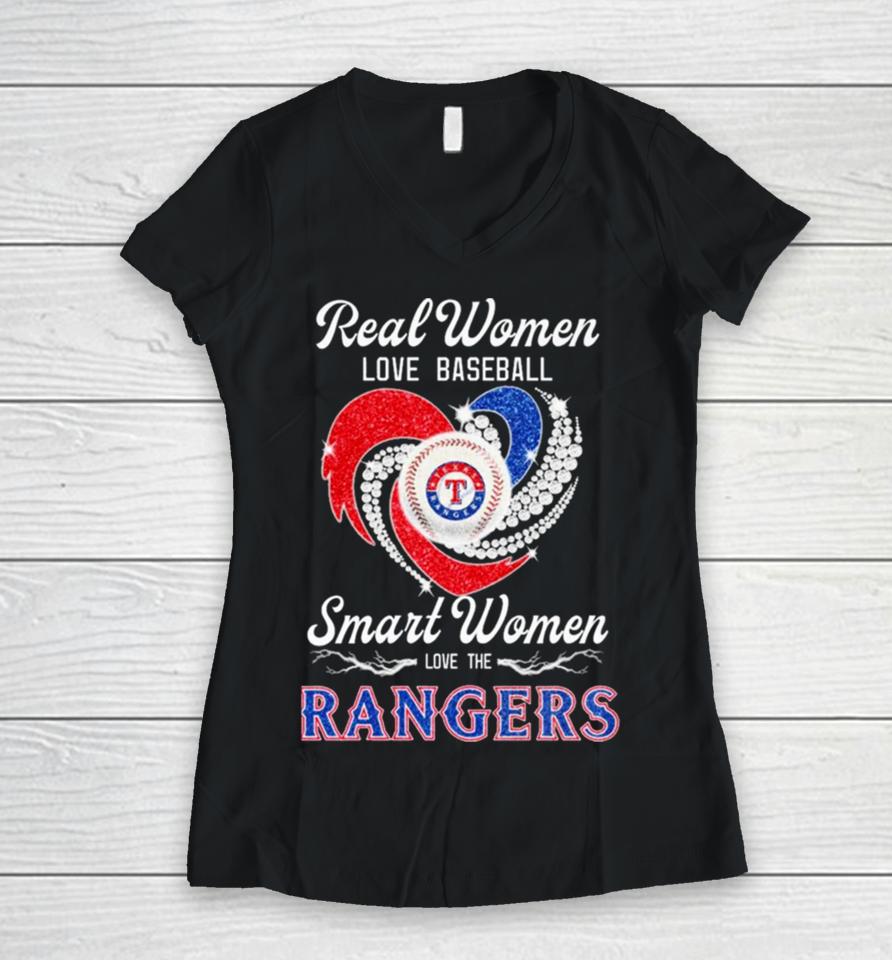 Texas Rangers Real Women Love Baseball Smart Women Love The Ranges Heart Diamond Women V-Neck T-Shirt