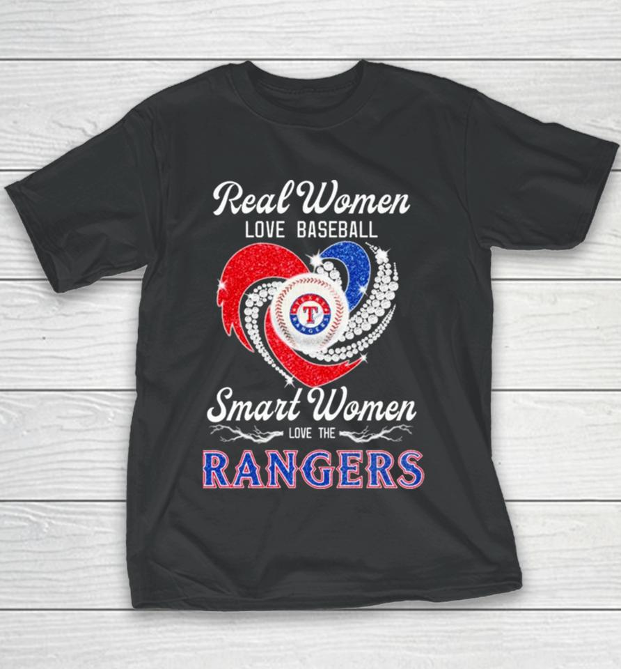 Texas Rangers Real Women Love Baseball Smart Women Love The Ranges Heart Diamond Youth T-Shirt