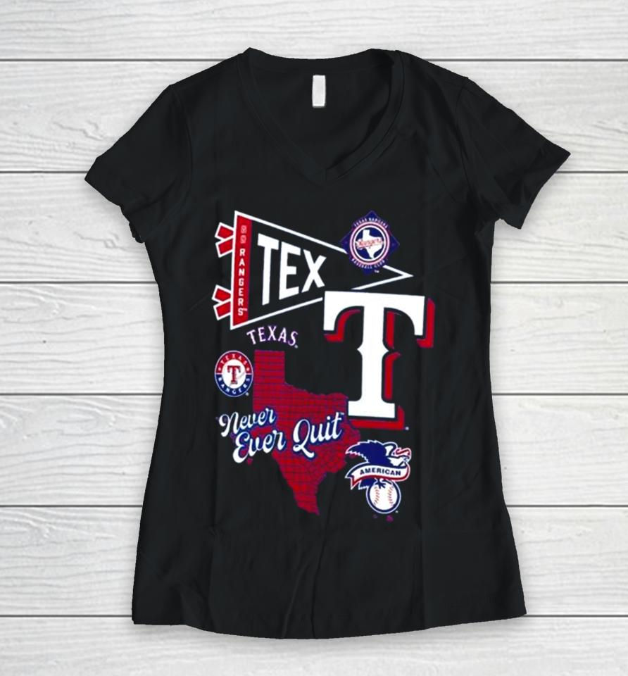 Texas Rangers Split Zone Never Ever Quit Women V-Neck T-Shirt