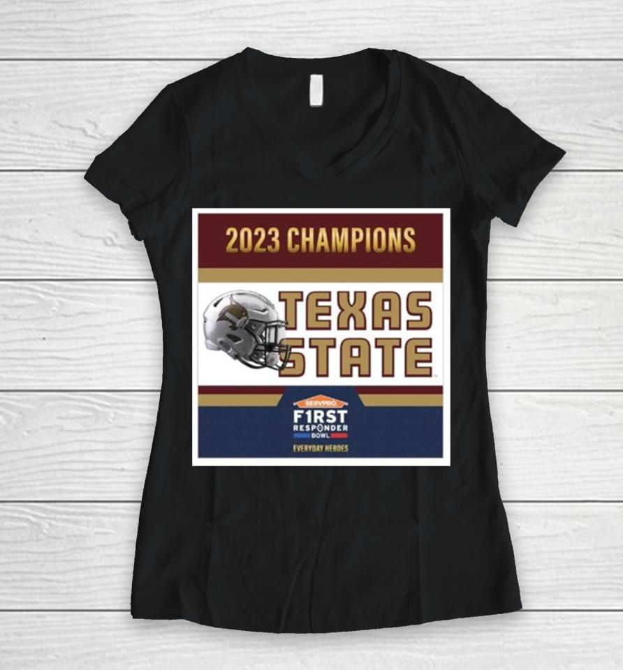 Texas State Bobcats Football Are 2023 First Responder Bowl Champions Women V-Neck T-Shirt