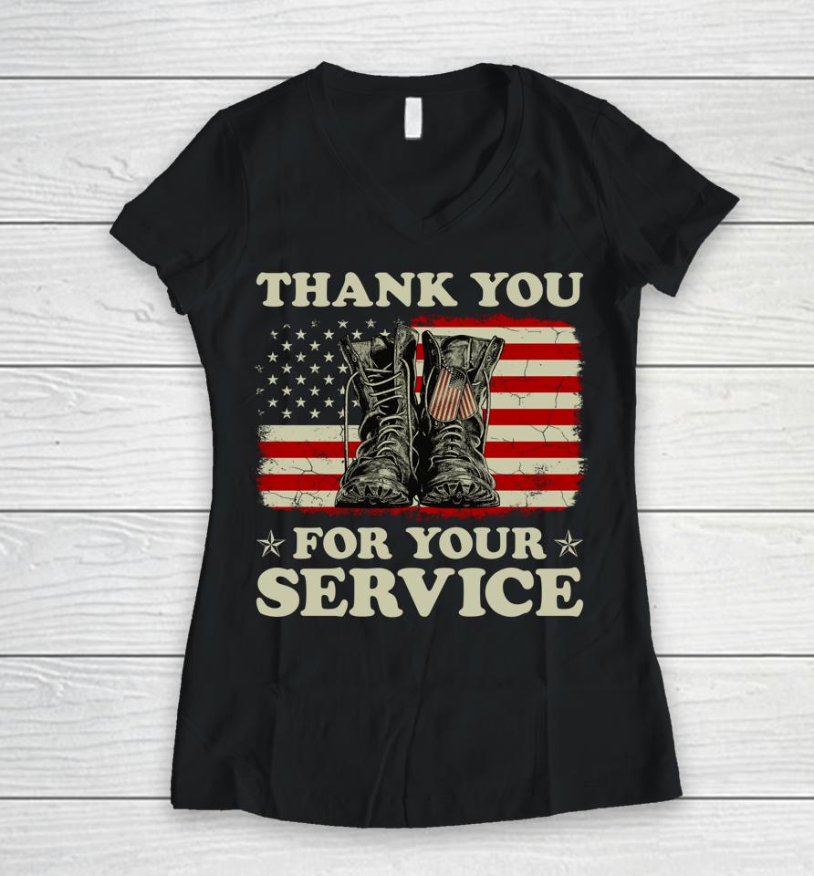 Thank You For Your Service Veteran Us Flag Veterans Day Women V-Neck T-Shirt