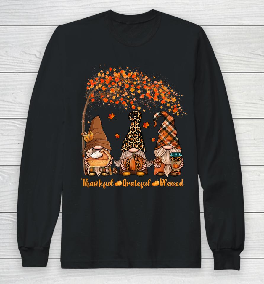 Thankful Grateful Blessed Gnome Thanksgiving Leopard Long Sleeve T-Shirt