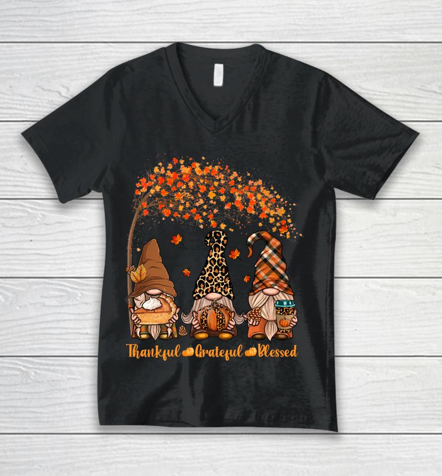 Thankful Grateful Blessed Gnome Thanksgiving Leopard Unisex V-Neck T-Shirt