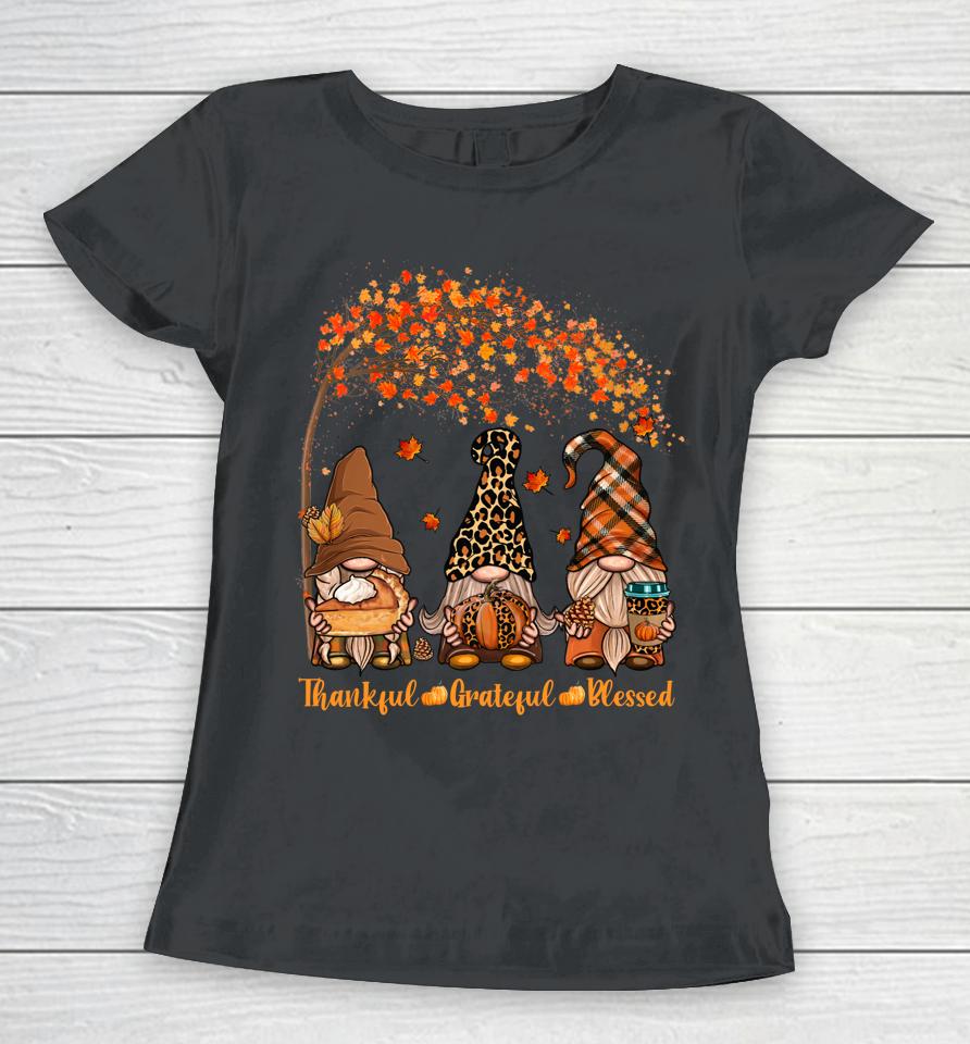 Thankful Grateful Blessed Gnome Thanksgiving Leopard Women T-Shirt
