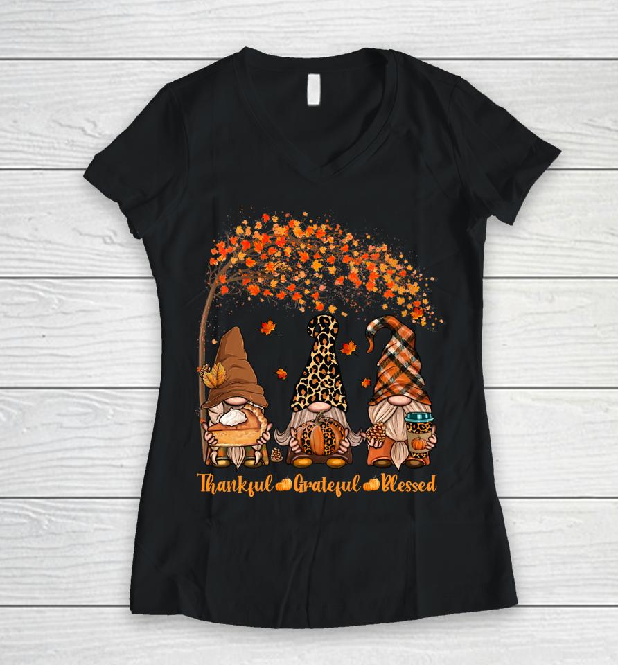 Thankful Grateful Blessed Gnome Thanksgiving Leopard Women V-Neck T-Shirt