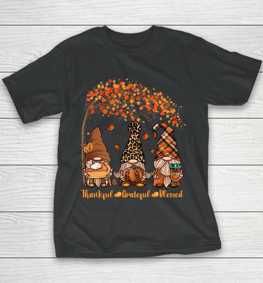 Thankful Grateful Blessed Gnome Thanksgiving Leopard Youth T-Shirt
