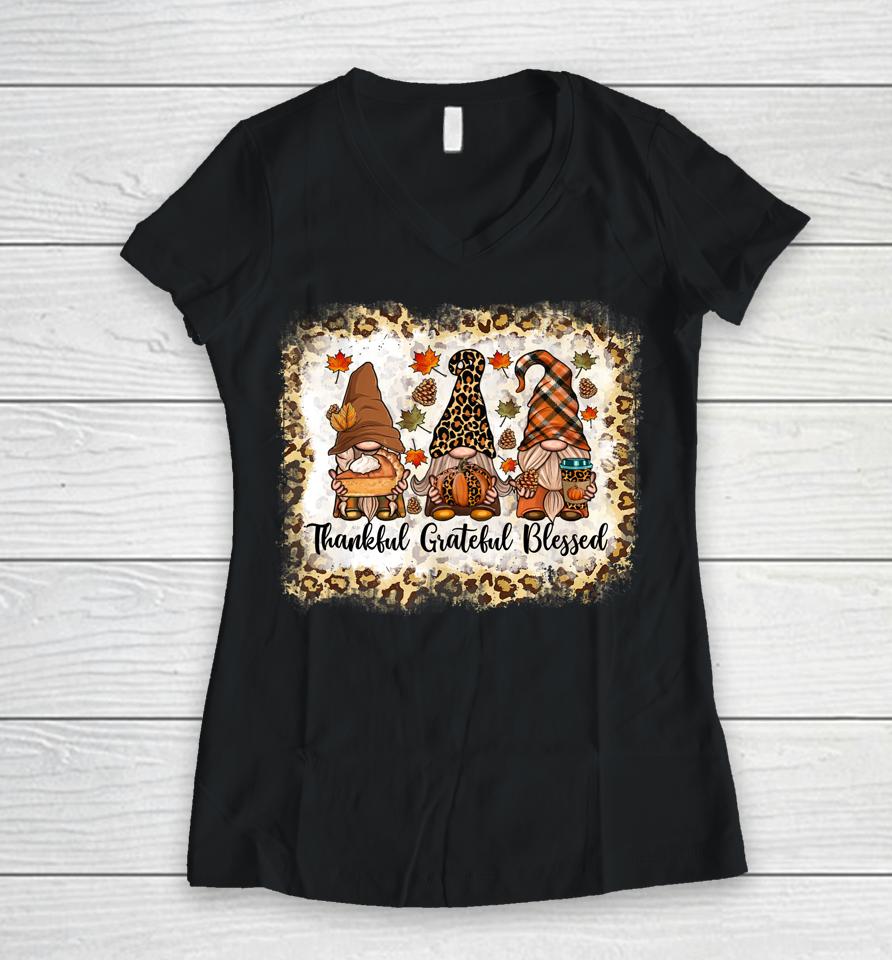 Thankful Grateful Blessed Thanksgiving Gnome Leopard Women V-Neck T-Shirt
