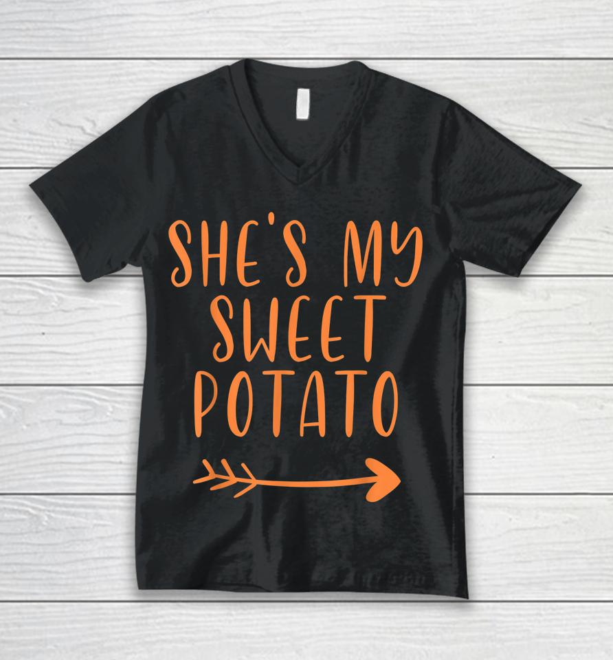 Thanksgiving Matching Couple She's My Sweet Potato I Yam Set Unisex V-Neck T-Shirt