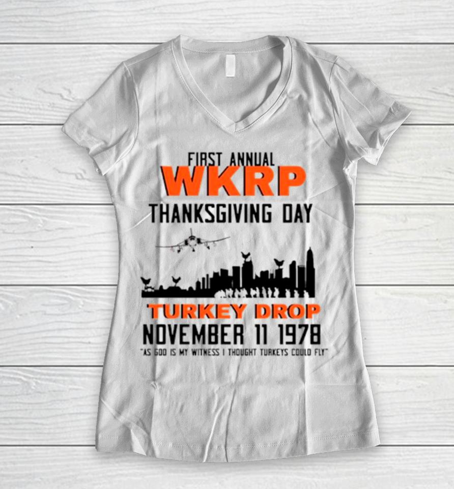 Thanksgiving Turkey Drop First Annual Wkrp Vintage Women V-Neck T-Shirt