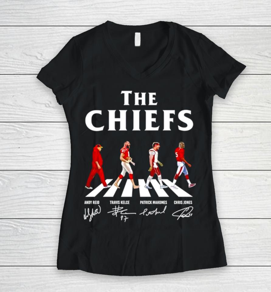 The Chiefs Abbey Road Andy Reid Travis Kelce Patrick Mahomes Signatures Women V-Neck T-Shirt