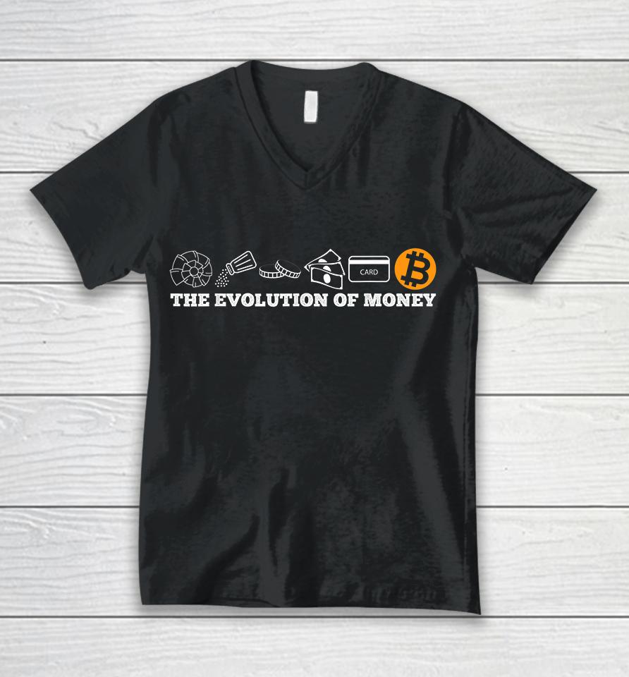 The Evolution Of Money Bitcoin Btc Crypto Cryptocurrency Unisex V-Neck T-Shirt