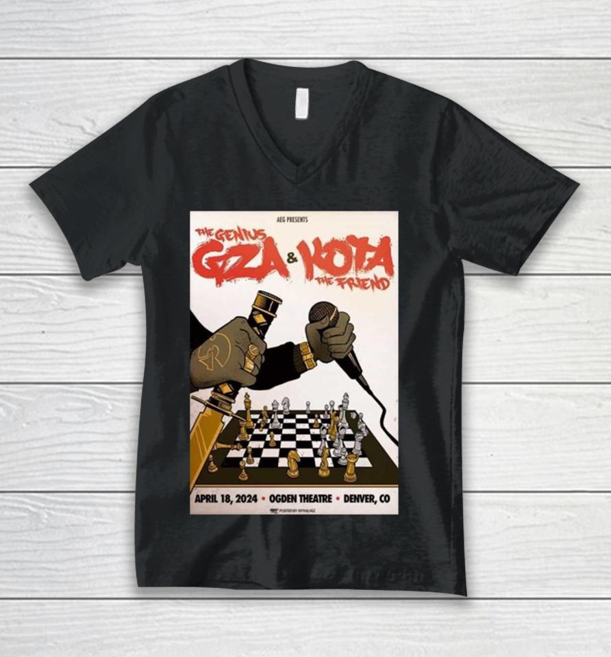 The Genius Gza Of Wu Tang Clan And Kota The Friend April 18 2024 Ogden Theatre Denver Co Unisex V-Neck T-Shirt