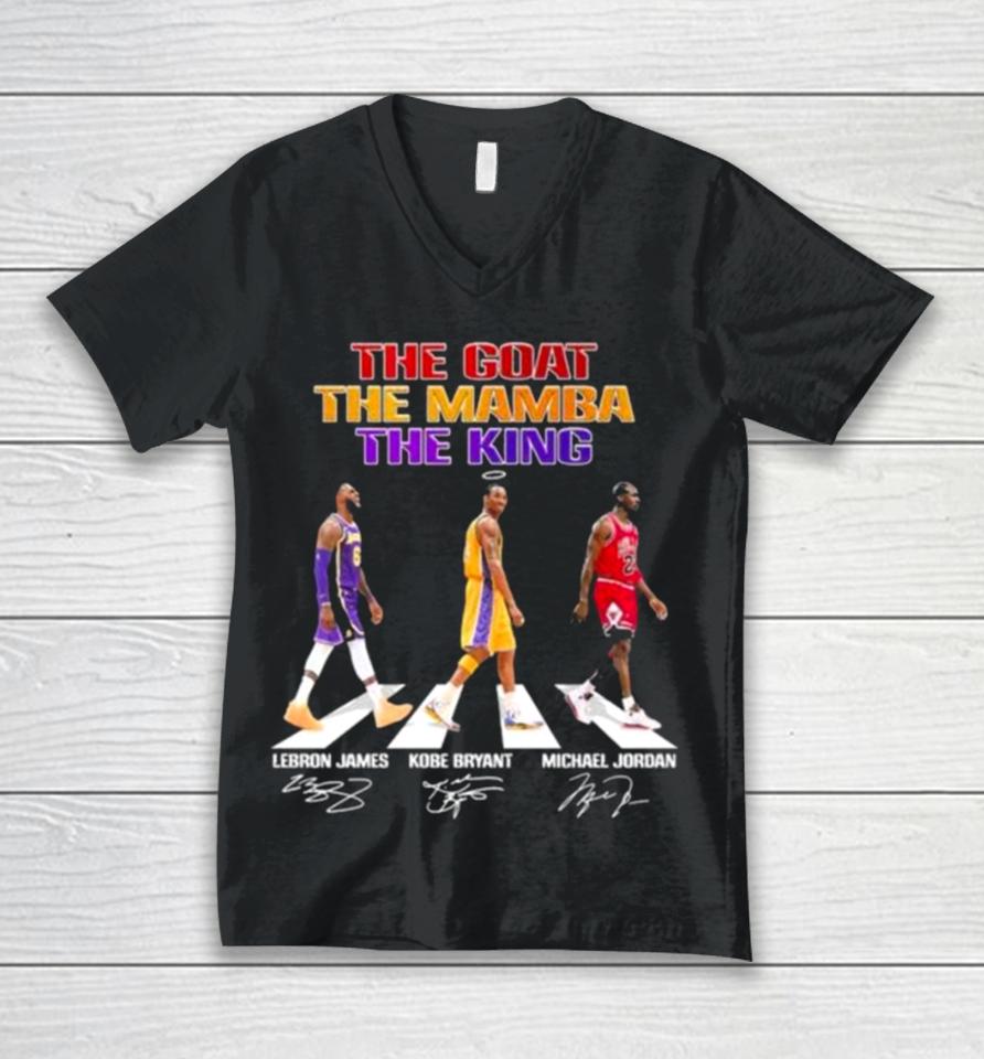The Goat The Mamba The King Abbey Road Lebron James Kobe Bryant And Michael Jordan Signatures Unisex V-Neck T-Shirt