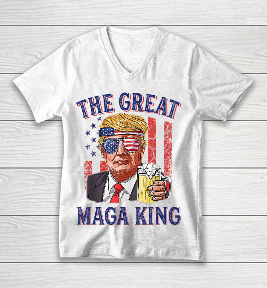 The Great Maga King Funny Trump Beer Us Flag Ultra Mega King Unisex V-Neck T-Shirt