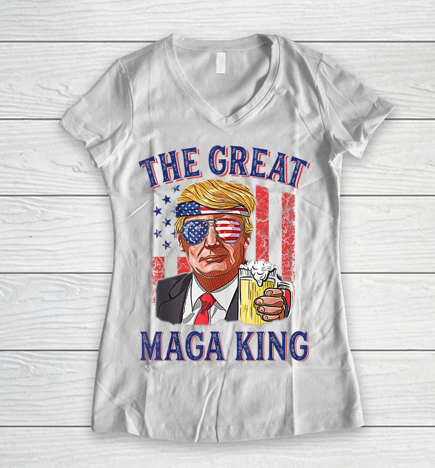 The Great Maga King Funny Trump Beer Us Flag Ultra Mega King Women V-Neck T-Shirt