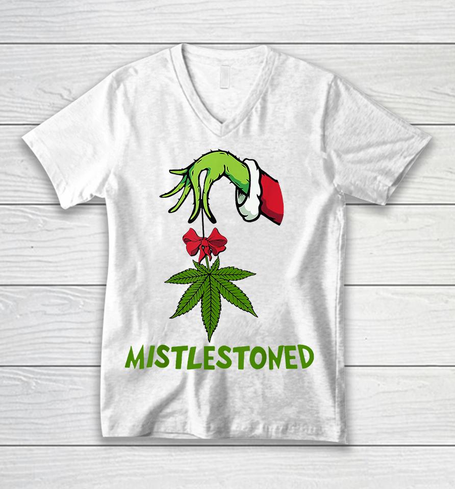 The Grinch Hand Holding Weed Mistlestoned Christmas Unisex V-Neck T-Shirt