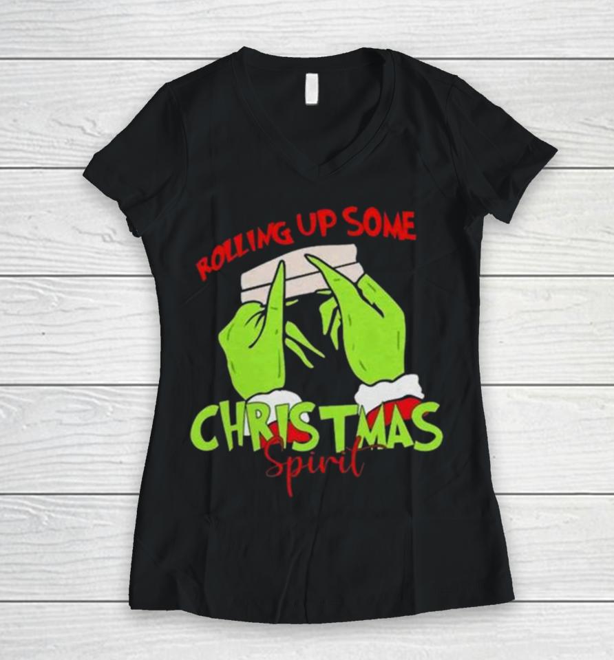 The Grinch Hand Rolling Up Some Christmas Spirit Christmas 2023 Women V-Neck T-Shirt