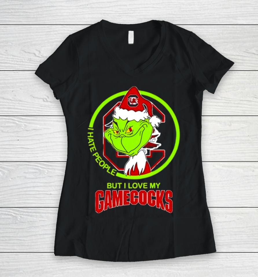 The Grinch I Hate People But I Love My South Carolina Gamecocks Football Logo Women V-Neck T-Shirt
