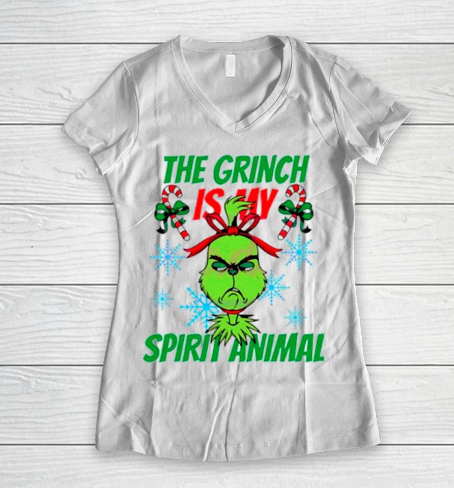 The Grinch Is My Spirit Animal Merry Christmas Women V-Neck T-Shirt