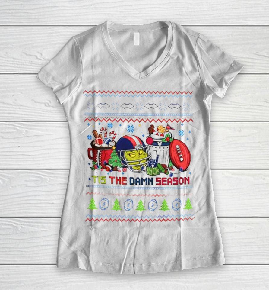 The Grinch New England Patriots Nfl Tis The Damn Season Ugly Christmas Women V-Neck T-Shirt