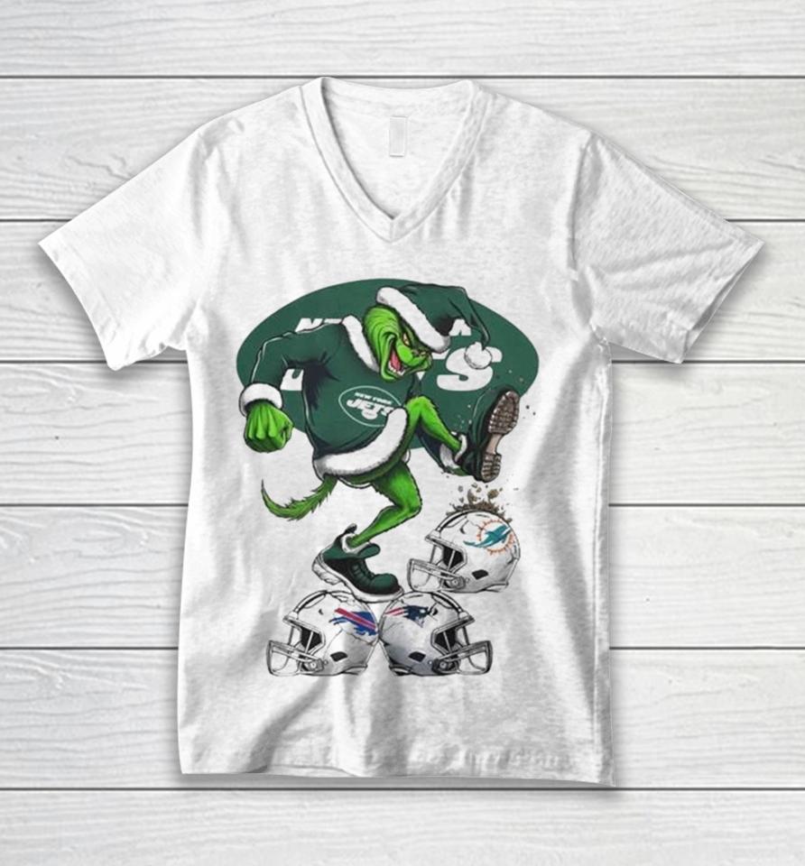 The Grinch New York Jets Stomp On Nfl Teams Christmas Logo Unisex V-Neck T-Shirt