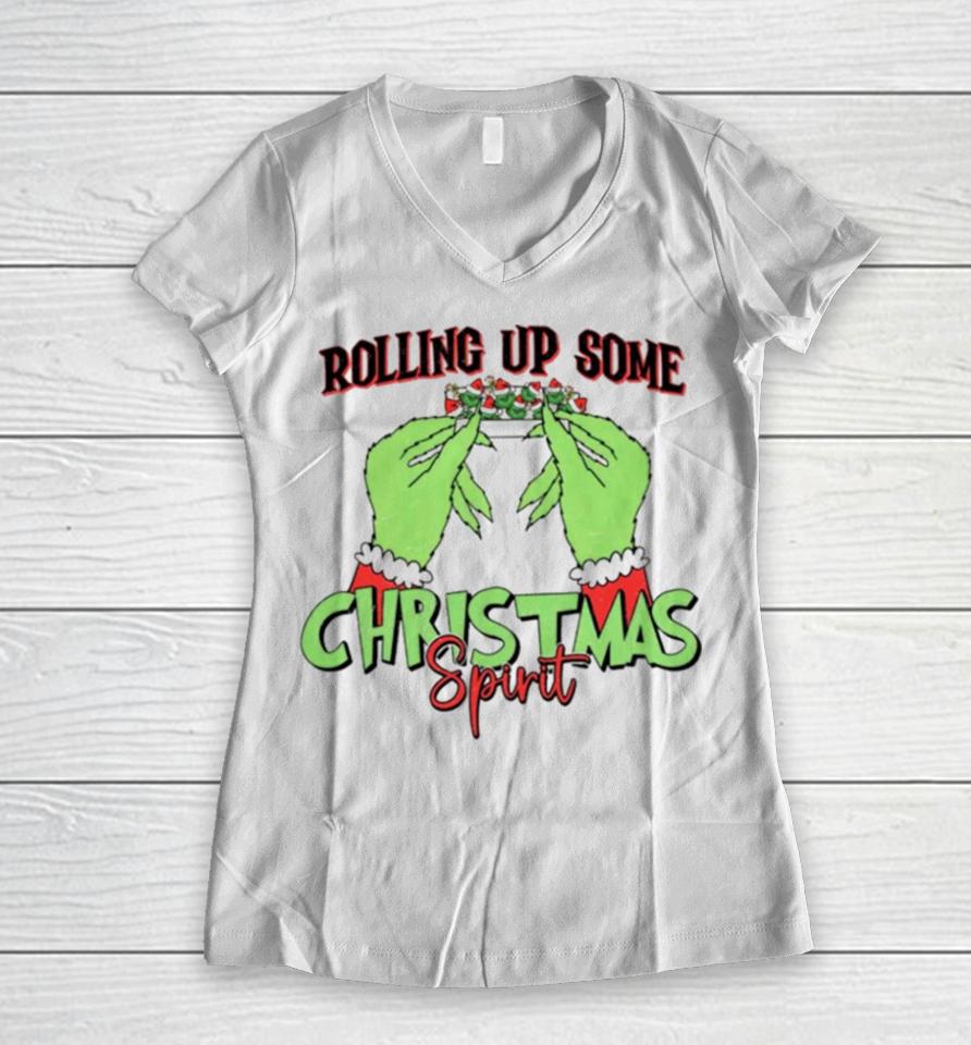The Grinch Rolling Up Some Christmas Spirit Women V-Neck T-Shirt