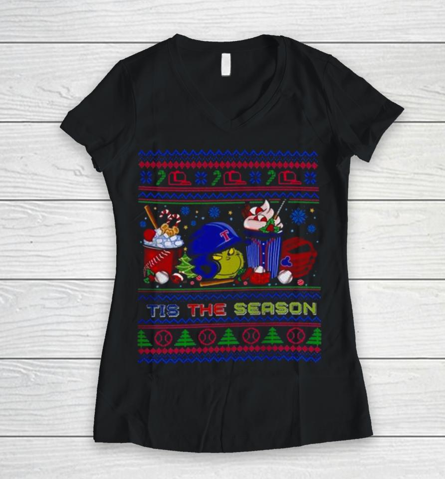 The Grinch Texas Rangers Tis The Damn Season Ugly Christmas Women V-Neck T-Shirt