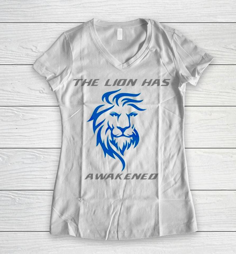 The Lions Has Awakened Detroit Football Women V-Neck T-Shirt