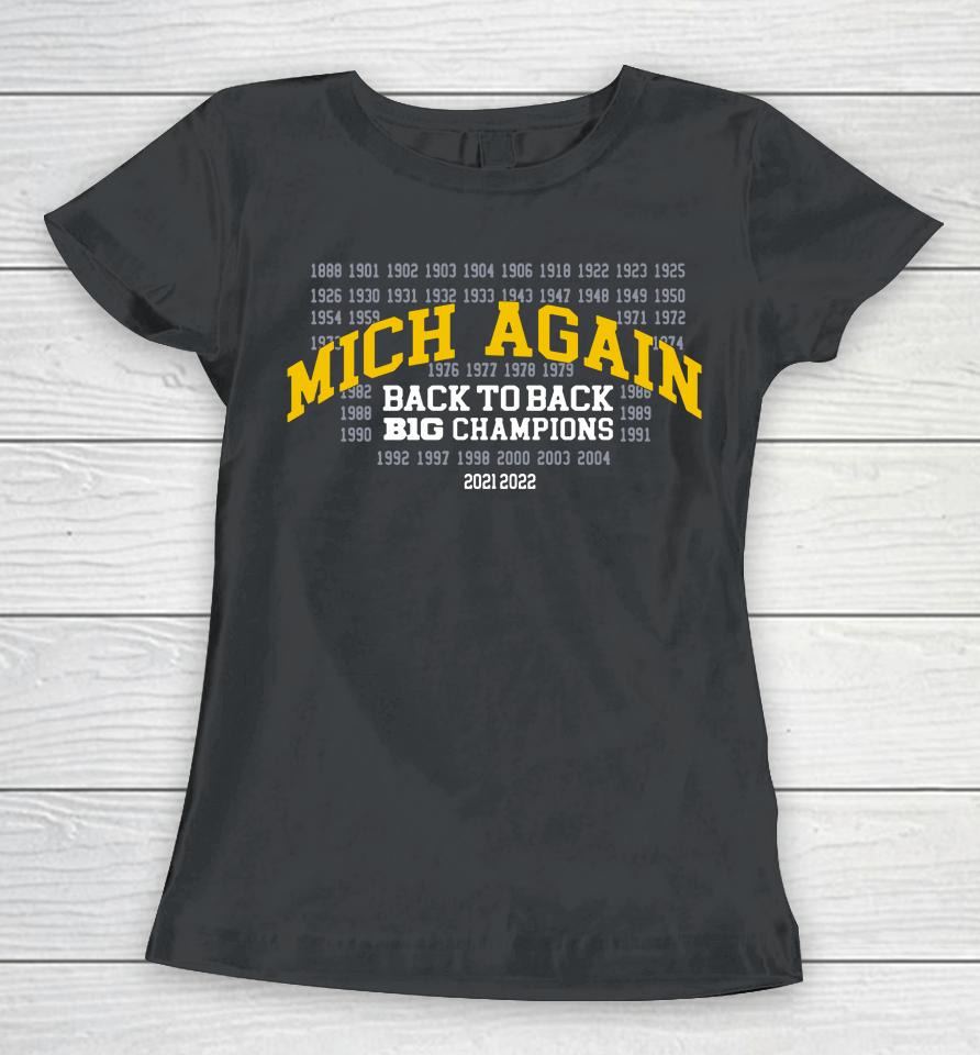 The Mden Navy Michigan Mich-Again Back-To-Back Big Ten Champions Women T-Shirt