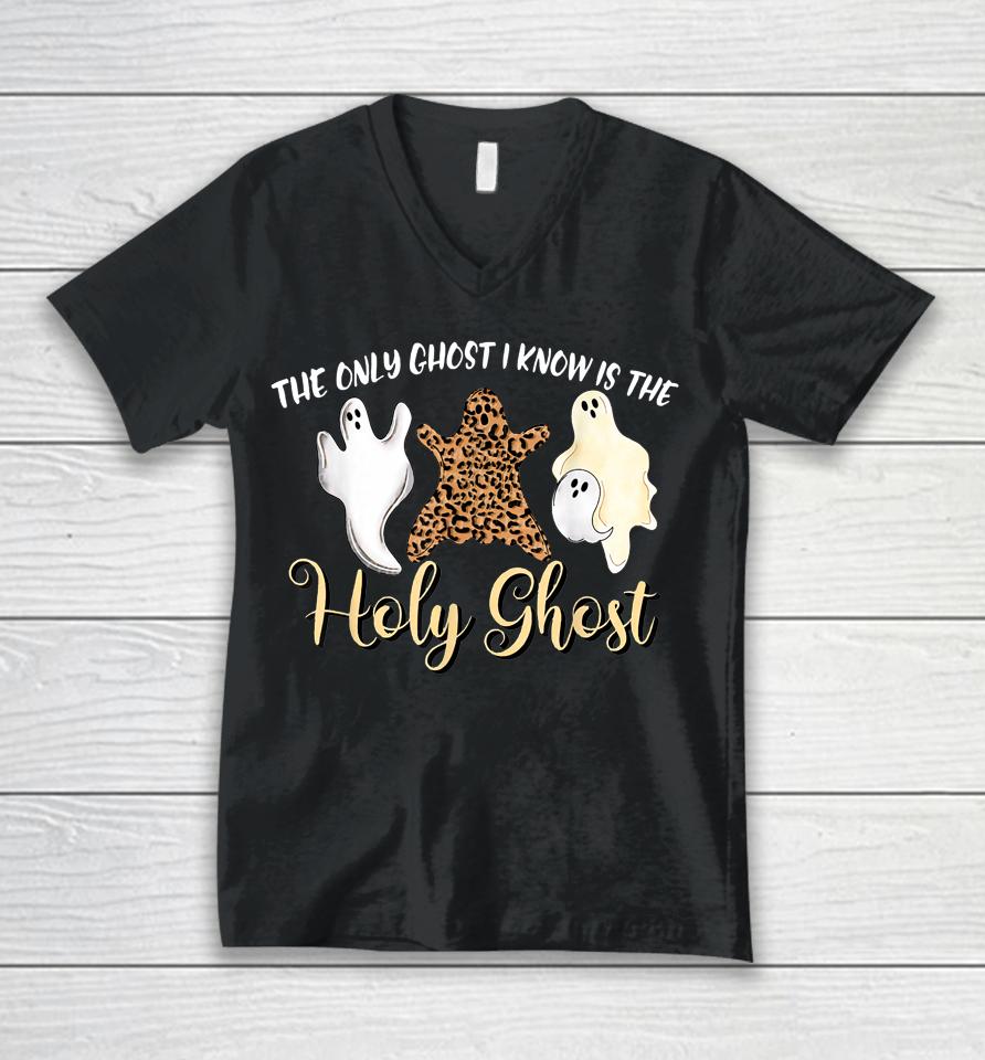 The Only Ghost I Know Is The Holy Ghost Halloween Leopard Unisex V-Neck T-Shirt
