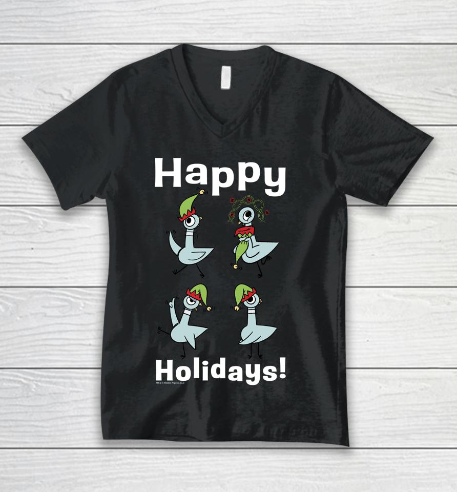 The Pigeon Happy Holidays Christmas Pigeon Unisex V-Neck T-Shirt