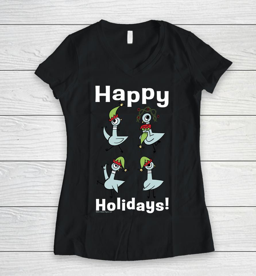 The Pigeon Happy Holidays Christmas Pigeon Women V-Neck T-Shirt