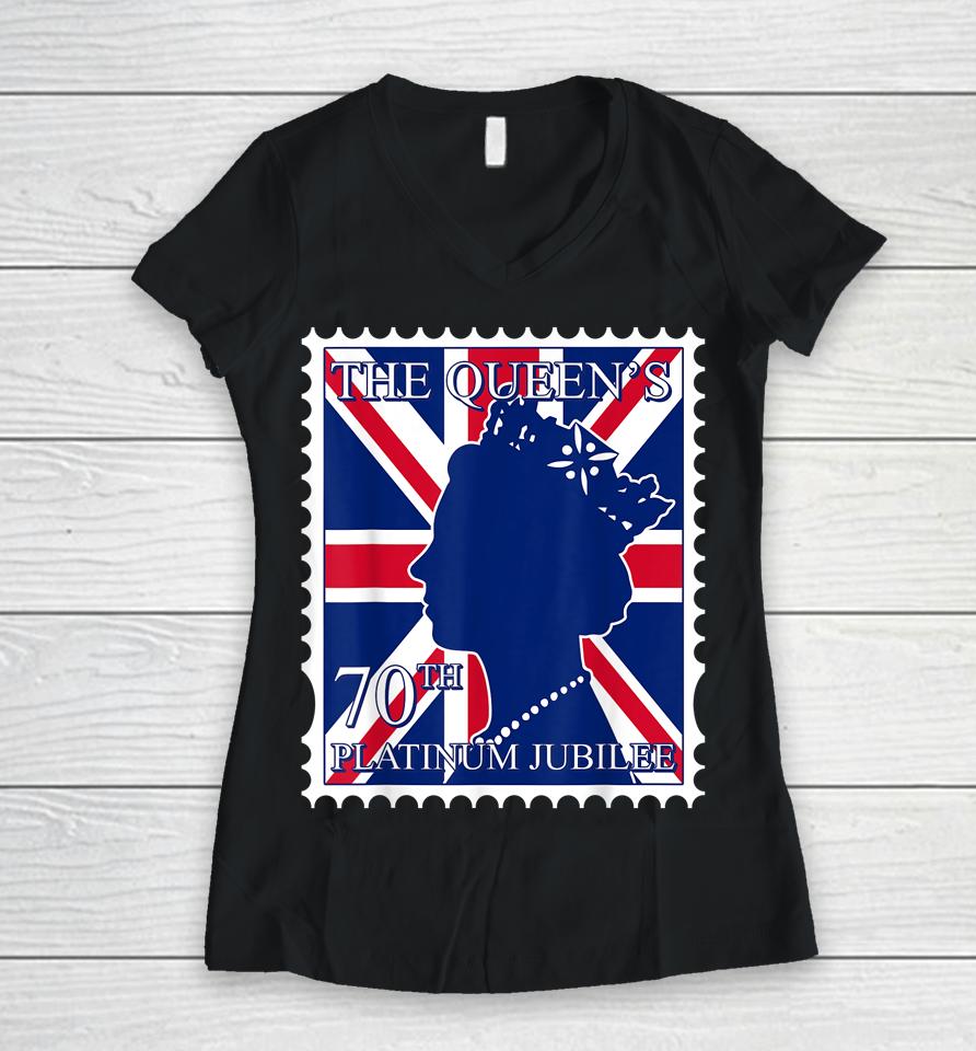 The Queen's 70 Years Uk British Flag Platinum Jubilee 2022 Women V-Neck T-Shirt