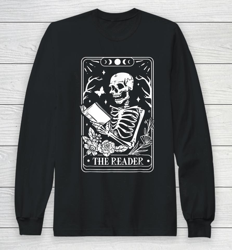 The Reader Spooky Season Retro Halloween Skeleton Tarot Card Long Sleeve T-Shirt