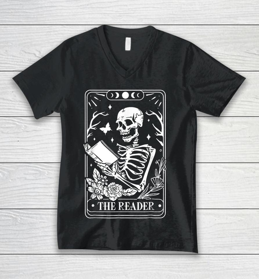 The Reader Spooky Season Retro Halloween Skeleton Tarot Card Unisex V-Neck T-Shirt