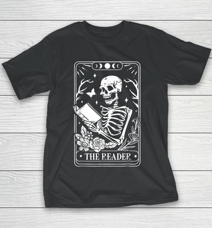 The Reader Spooky Season Retro Halloween Skeleton Tarot Card Youth T-Shirt