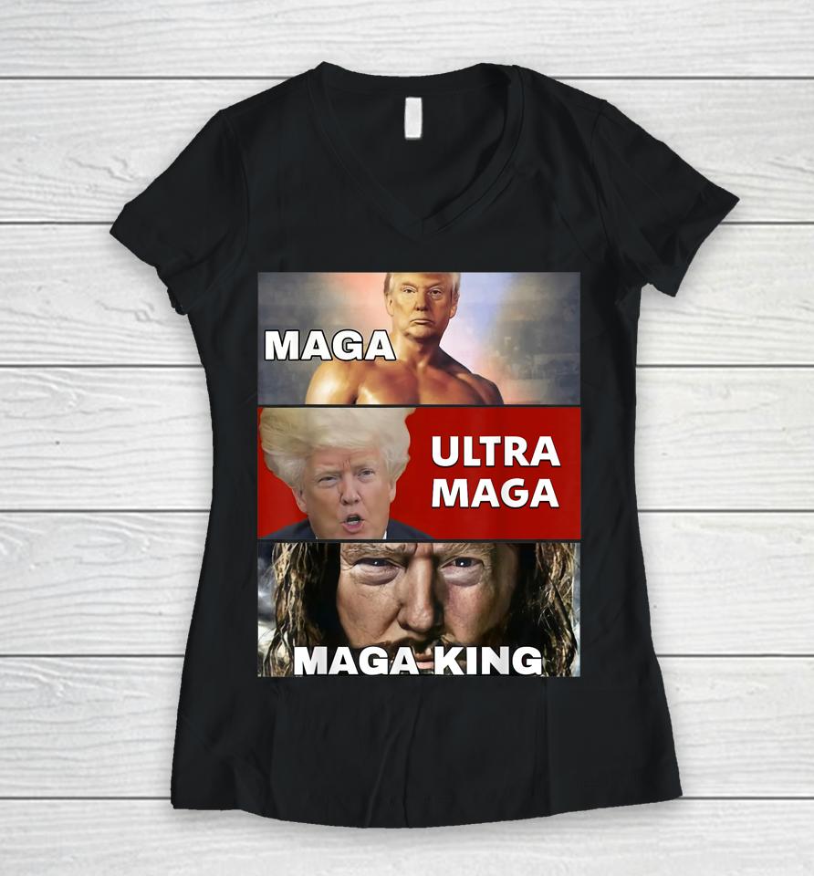 The Return Of The Great Maga King Trump Ultra Maga Women V-Neck T-Shirt