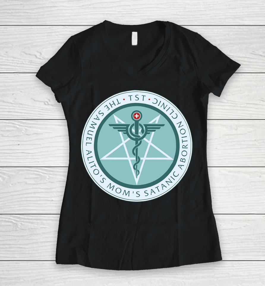The Sam Alito's Mom's Satanic Abortion Clinic Logo Women V-Neck T-Shirt