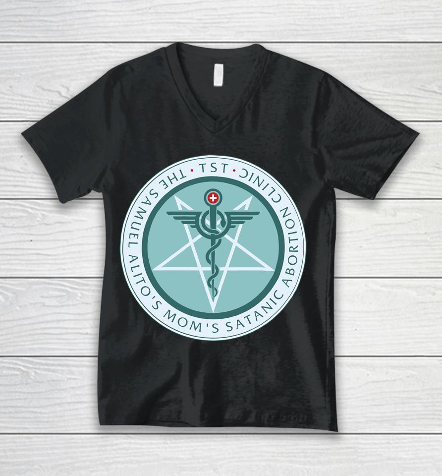 The Satanic Temple The Sam Alito's Mom's Satanic Abortion Clinic Logo Unisex V-Neck T-Shirt