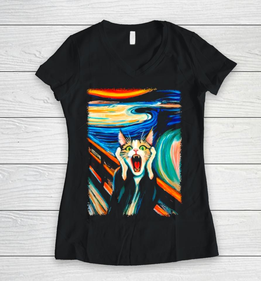 The Scream Cat Wear Clothing Art Women V-Neck T-Shirt