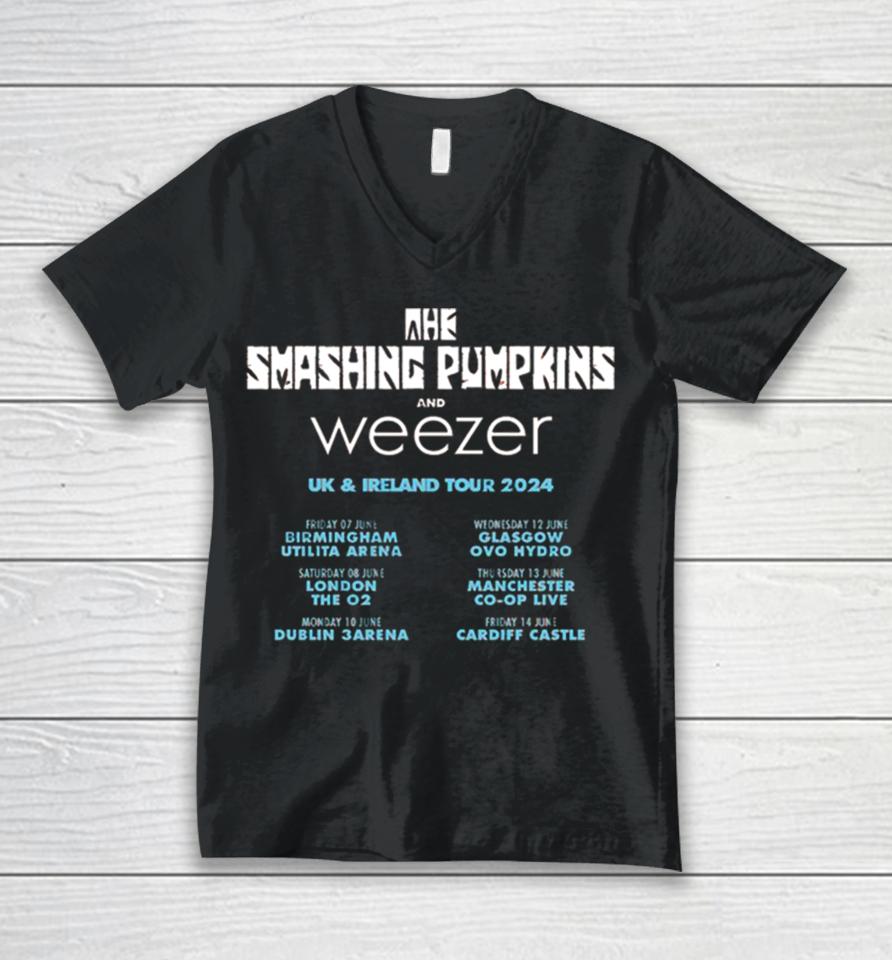 The Smashing Pumpkins And Weezer Uk And Ireland Tour 2024 Schedule List Unisex V-Neck T-Shirt