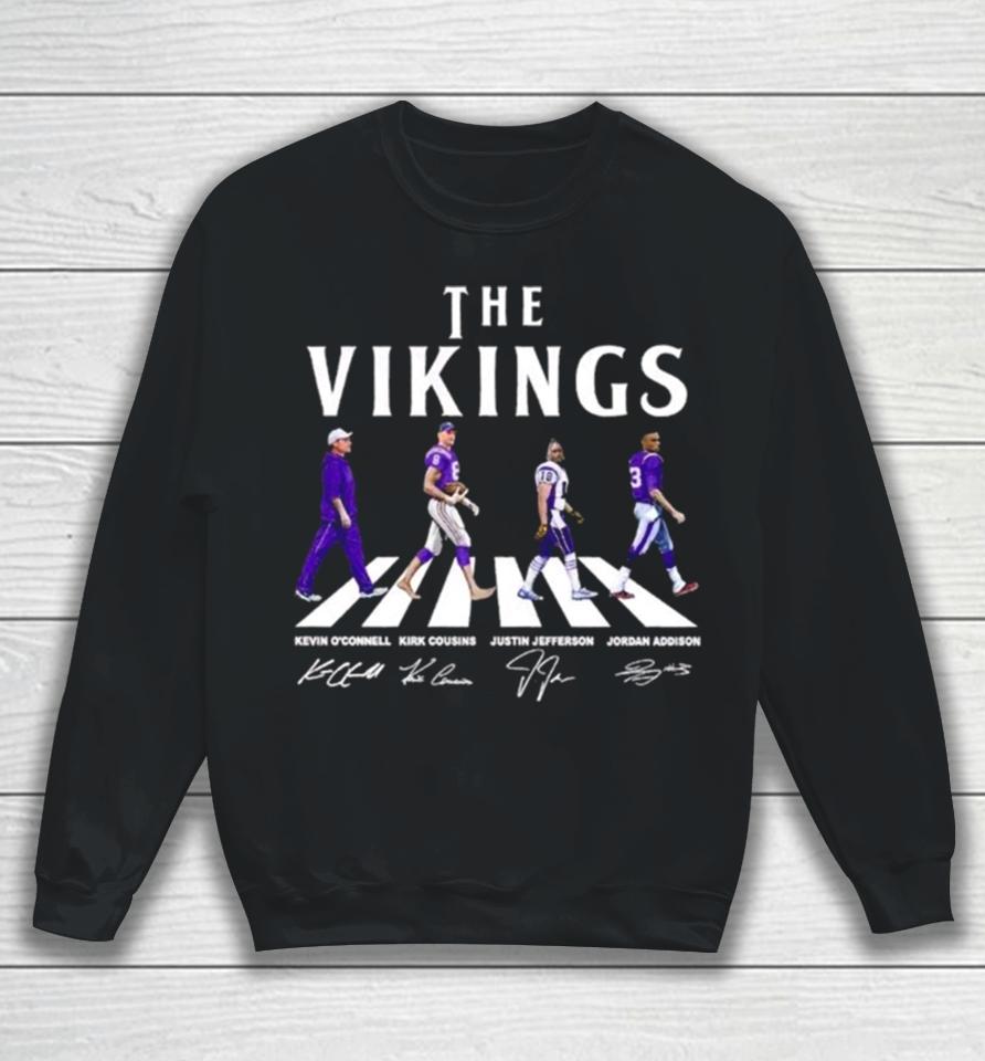 The Vikings Kevin O’connell Kirk Cousins Justin Jefferson Jordan Addison Walking Abbey Road Signatures Sweatshirt