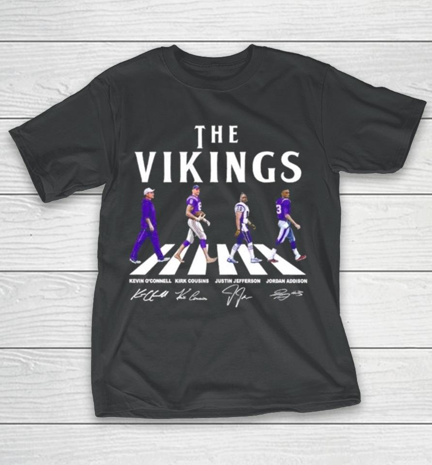 The Vikings Kevin O’connell Kirk Cousins Justin Jefferson Jordan Addison Walking Abbey Road Signatures T-Shirt