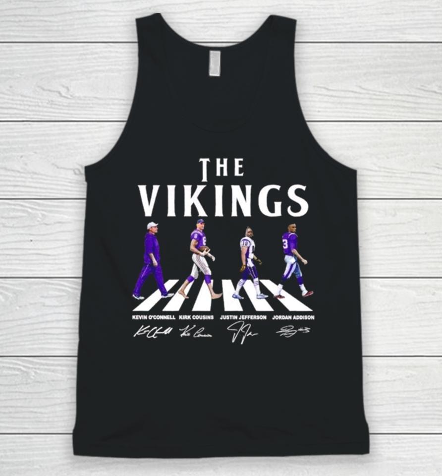 The Vikings Kevin O’connell Kirk Cousins Justin Jefferson Jordan Addison Walking Abbey Road Signatures Unisex Tank Top
