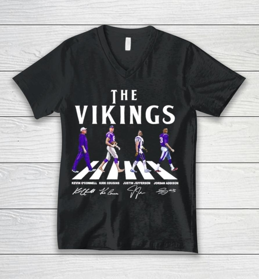 The Vikings Kevin O’connell Kirk Cousins Justin Jefferson Jordan Addison Walking Abbey Road Signatures Unisex V-Neck T-Shirt