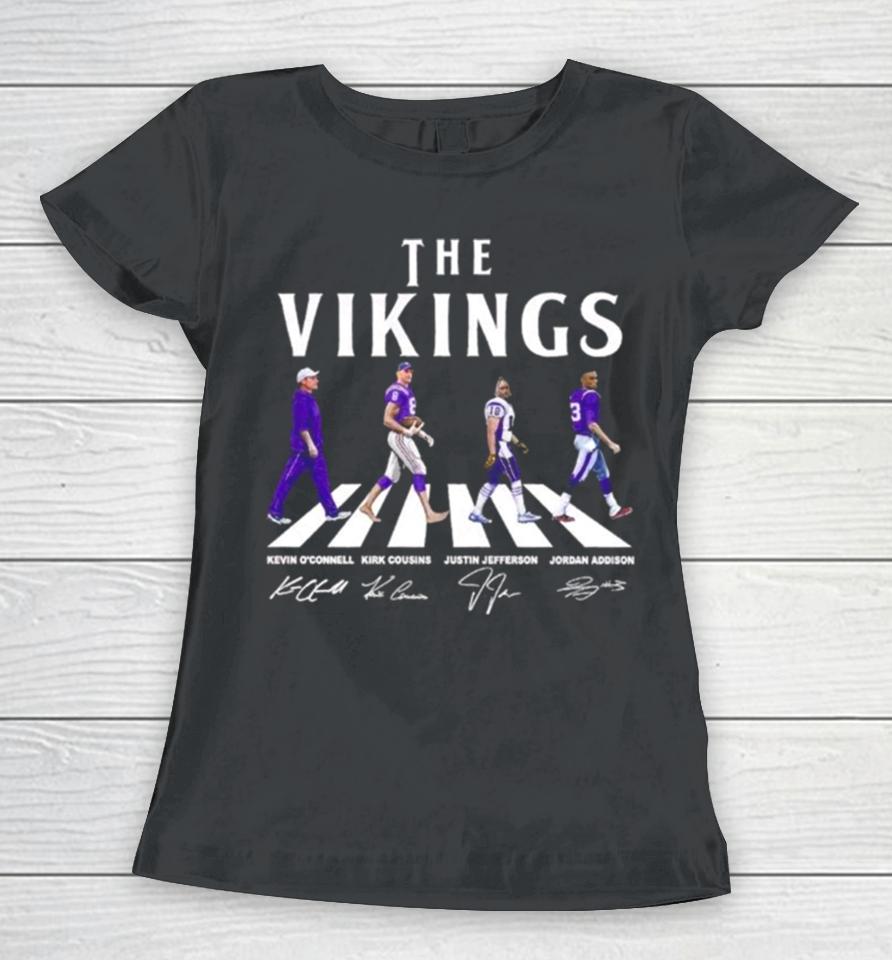 The Vikings Kevin O’connell Kirk Cousins Justin Jefferson Jordan Addison Walking Abbey Road Signatures Women T-Shirt
