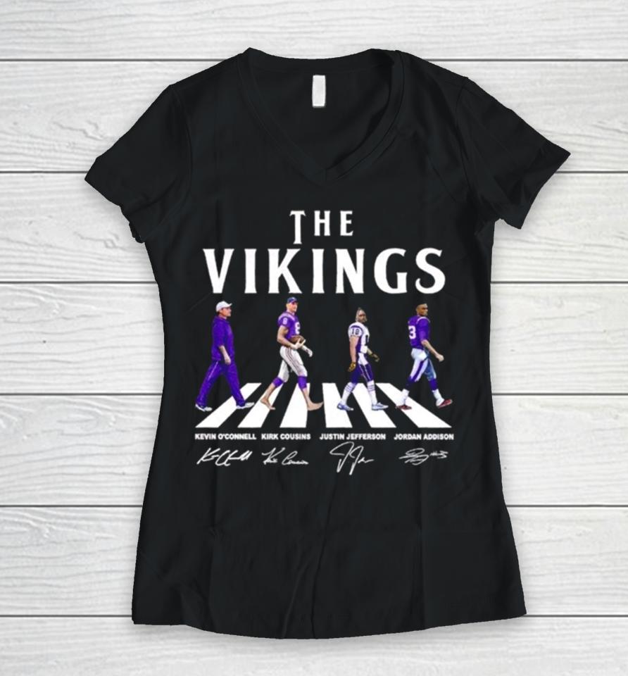 The Vikings Kevin O’connell Kirk Cousins Justin Jefferson Jordan Addison Walking Abbey Road Signatures Women V-Neck T-Shirt